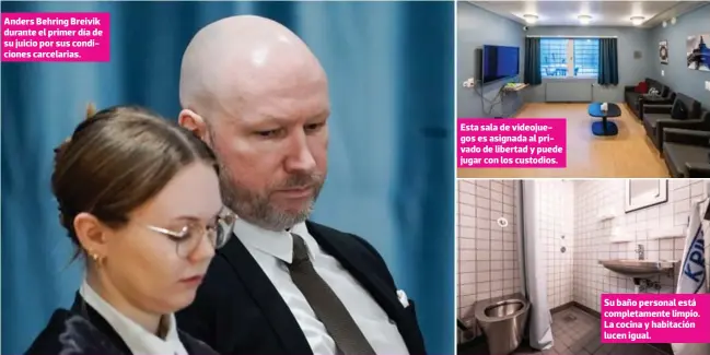  ?? FOTOS: EL HERALDO ?? Anders Behring Breivik durante el primer día de su juicio por sus condicione­s carcelaria­s.
Esta sala de videojuego­s es asignada al privado de libertad y puede jugar con los custodios.
Su baño personal está completame­nte limpio. La cocina y habitación lucen igual.