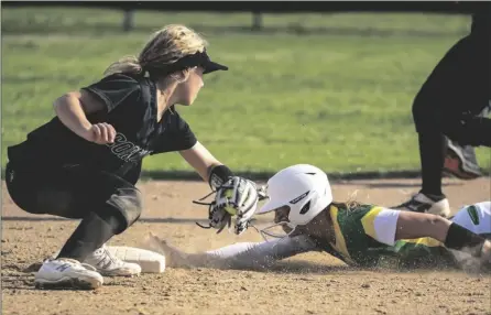  ?? GABRIEL PONCE PHOTO ?? Holtville High Viking Kamryn Walker (right) attempts to steal second base during a non-league softball game against the Coronado Islanders on Monday, March 13, in Holtville.