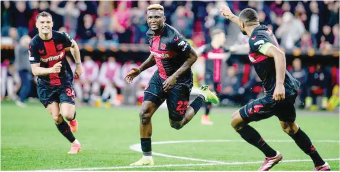  ?? ?? Victor Boniface celebrates his goal against West Ham in the Europa Cup on Thursday night