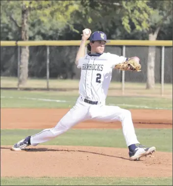  ?? BUY ThESE PhOTOS AT YUMASUN.COM PhOTOS BY JACKSON rAMEr/YUMASUN ?? YUMA CATHOLIC STARTING PITCHER AUSTIN PRIEST (2) delivers a pitch during the first inning of Wednesday’s game against Lake Havasu at Yuma Catholic. The Shamrocks would win 2-0.