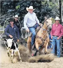  ??  ?? Up and over . . . Patrick McCarthy, of Wanaka, lands his noose in the rope and tie.