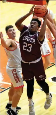  ?? PILOT PHOTO/BEV HARAMIA ?? Culver Academy forward Deandre Francis (23) goes in the paint for two points in the Eagles’ win over Laporte Saturday.