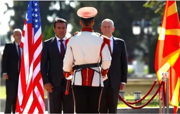  ??  ?? Zaev (left) and Mattis attend a welcoming ceremony in Skopje, Macedonia. — Reuters photo