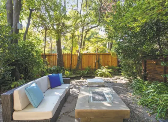  ?? Open Homes Photograph­y ?? The backyard at 655 Marina Blvd. in the Marina district enjoys a shaded sitting area warmed by a gas fire pit.