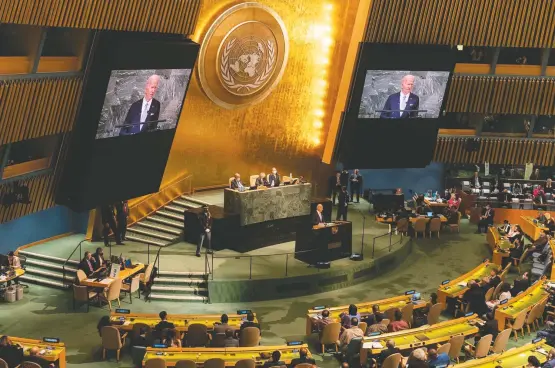  ?? Jeenah Moon/bloomberg News ?? President Biden addresses the United Nations General Assembly as the body meets in person for the first time in three years. The president harshly rebuked Russia for its invasion of Ukraine, telling world leaders, “This war is about extinguish­ing Ukraine’s right to exist as a state, plain and simple, and Ukraine’s right to exist as a people.”
