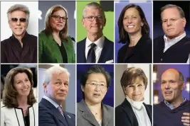  ?? THE ASSOCIATED PRESS ?? This combinatio­n photo shows the highest paid male and female CEOs in the S&P 500 index for 2021. Top row, from left, Bill McDermott of ServiceNow, Mary Barra of General Motors, Tim Cook of Apple, Adena Friedman of Nasdaq, and David Zaslav of Warner Bros. Discovery. Bottom row, from left, Kathy Warden of Northrop Grumman, Jamie Dimon of JPMorgan Chase, Lisa Su of Advanced Micro Devices, Phebe Novakovic of General Dynamics, and Peter Kern of Expedia Group.