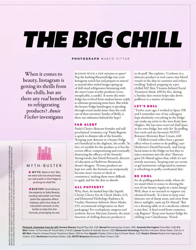 ??  ?? Pictured, clockwise from far left: Honest Beauty Depuff Eye Gel, £29; Murad Renewing Eye Cream, £65; Amanda Harrington Face Mist, £28; It’s Skin Power 10 Formula GF Facial Mist, £18.95; Lancer Soothe & Hydrate Serum, £63; Elemental Herbology Nutrition Infusion Sheet Mask, £35 for 4; MZ Skin Vitamin-infused Facial Treatment Mask, £90 for five; Squish Cheeky Cherry Eye & Cheek Mask, £20; Paula’s Choice Resist Anti-aging Eye Cream, £32; Herbivore Amethyst Roller, £38; NOTO Botanics Moisture Riser Cream, £40