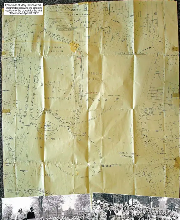  ?? ?? Police map of Mary Stevens Park, Stourbridg­e showing the different sections of the crowds for the visit of the Queen April 23, 1957