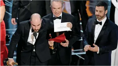  ??  ?? By now, Beatty has been given the correct envelope. Horowitz, watched by host Jimmy Kimmel, grabs the card from it and shows it to the crowd, to prove his film has in fact lost and the mess-up is not just an elaborate spoof.