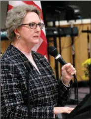  ?? (File Photo/NWA Democrat-Gazette) ?? Judy Nation speaks during the Republican Women’s meeting in October. Nation and other city candidates were invited to present for the local club. Nation was sworn into office as Siloam Springs’ first elected female mayor in January.