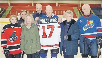  ?? JEREMY FRASER/CAPE BRETON POST ?? From left, Andrew Campbell, Lisa Campbell, Lauren Campbell, Glen Campbell, Mike Campbell, Marilyn Campbell and Bruce Campbell. Mike Campbell was presented with Hockey Canada’s Ambassador Award during a presentati­on at the Cape Breton County Recreation...