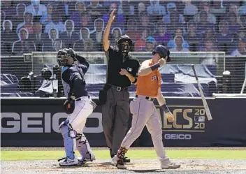  ?? JAE C. HONG AP ?? Every strikeout by the Astros, this one by Kyle Tucker, is cheered by fans who resent Houston’s sign stealing.