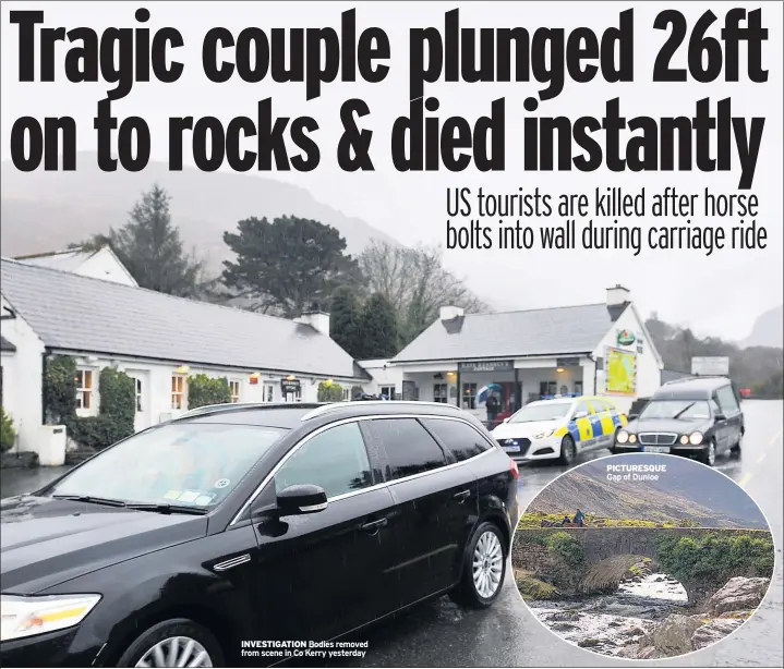  ??  ?? INVESTIGAT­ION Bodies removed from scene in Co Kerry yesterday PICTURESQU­E Gap of Dunloe