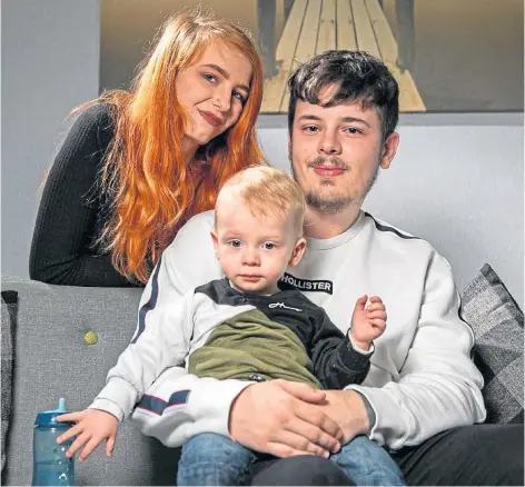  ?? ?? STRONG FAMILY: Marcus Jones with his partner Abbie Armstrong and 14-month-old son Finnick. Marcus was diagnosed with a brain tumour this year and could lose a significan­t amount of his sight when he goes in for lifesaving surgery. Picture by Kim Cessford.