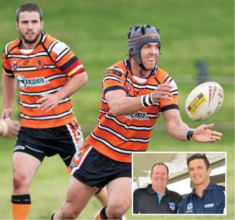  ?? Photos: Nev Madsen and Jason Gibbs ?? IN CHARGE: Ned Murphy fires off a pass for Souths. INSET: TRL representa­tive program head Len Currie (left) discusses upcoming fixtures with new Clydesdale­s coach Ned Murphy.