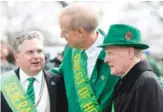  ?? SUN-TIMES FILE PHOTO ?? Gov. Bruce Rauner (center) talks to Illinois House Speaker Michael Madigan (right) and parade chairman Jim Coyne at the Chicago St. Patrick’s Day parade in 2016.