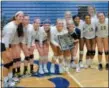  ?? MJ MCCONNEY — FOR DIGITAL FIRST MEDIA ?? The Upper Merion girls volleyball team poses with the PAC championsh­ip plaque after winning the league title over Pope John Paul II Thursday.