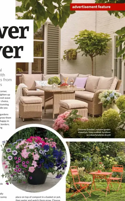  ?? ?? Discover Dobbies’ summer garden essentials, from outdoor furniture to colourful plants (inset)