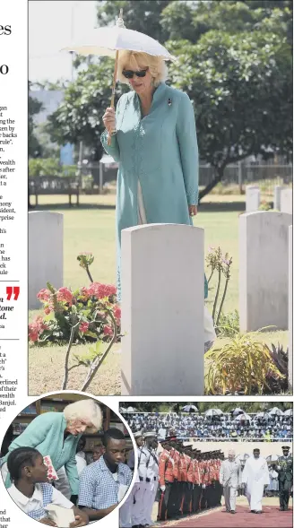  ??  ?? REMEMBERIN­G: The Duchess of Cornwall visits Commonweal­th war graves in Banjul, top. Above right: The Prince of Wales with Gambian President Adama Barrow and, inset left, the Duchess meets school pupils.