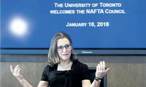  ?? NATHAN DENETTE/ THE CANADIAN PRESS ?? Foreign Affairs Minister Chrystia Freeland hosts a meeting of Canada’s NAFTA Council on Thursday in Toronto.