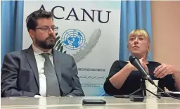  ??  ?? Peter Asaro, left, and Jody Williams speak to reporters in Geneva.