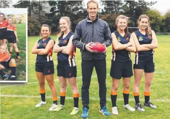  ??  ?? BEST FEET FORWARD: Fahan senior sport co-ordinator Alister Foot with some of the school’s firsts football players, from left, Daisy Murphy, Amy Madsen, Briar Fitzgerald and Clare Grace. INSET: Members of the Years 3 and 4 soccer team — back, from left,...