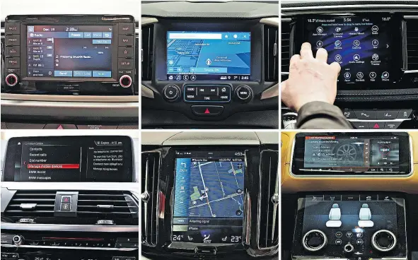  ?? CHRIS BALCERAK/DRIVING.CA ?? Clockwise from top left, the Kia UVO system, GMC IntelliLin­k system, FCA Uconnect system, Range Rover Touch Duo Pro, Volvo Sensus and BMW iDrive were put through the ringer by the Driving.ca team.