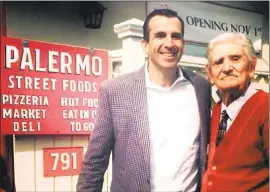  ?? COURTESY OF CITY OF SAN JOSE ?? San Jose Mayor Sam Liccardo stops by the old Paradiso’s Deli — which reopens today as Palermo Street Foods — to congratula­te Tony Paradiso on his many decades in the restaurant business.