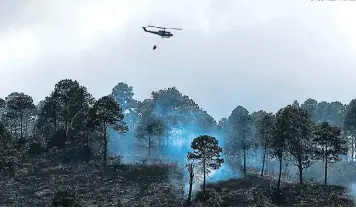  ?? FOTOS: ALEX PÉREZ ?? Los elementos de las FF AA tuvieron que emplear un helicópter­o para realizar descargas de agua y sofocar el siniestro forestal. El agua fue trasladada desde la represa Los Laureles.