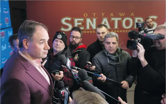  ?? WAYNE CUDDINGTON ?? Ottawa Senators GM Pierre Dorion talks to the media the day after he traded Dion Phaneuf to the Kings last week.