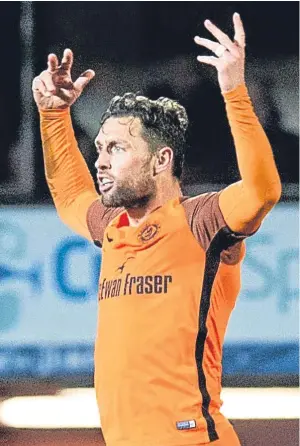  ?? SNS. ?? Above: veteran United striker Scott McDonald celebrates after scoring the Tangerines’ second goal; right: Scott Fraser competes for the ball with Jordan Marshall; far right: Paul McMullan is tackled by Josh Todd.