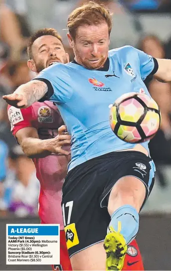 ?? Picture: DEAN LEWINS ?? Sydney FC defender David Carney comes under pressure from Melbourne City rival Josh Rose in his quest to control the ball during last night’s A-League clash at Allianz Stadium