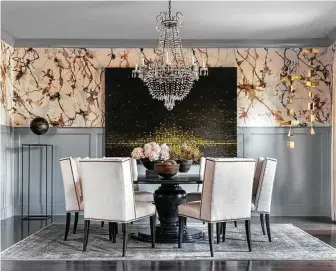  ??  ?? A mural by Houston artist Allan Rodewald was installed as wallcoveri­ng in the dining room