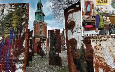  ??  ?? Vor der Heiligen Dreieinigk­eitskirche stehen bunte Schiffsble­che.
Bunt und fantasievo­ll: die Holzschnit­te von Tita do Rêgo Silva in der Koppel 66