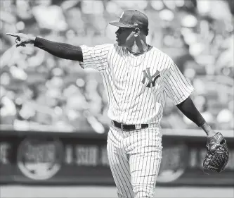  ?? SETH WENIG
THE ASSOCIATED PRESS ?? New York Yankees starting pitcher Luis Severino reacts after striking out a batter during the second inning. Severino pitched seven innings, allowing just three hits, two walks and one run to pick up the victory.