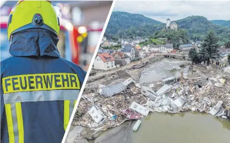  ?? FOTOS: DAVID INDERLIED/DPA; BORIS ROESSLER/DPA ?? Die Feuerwehr Ravensburg will sich im Bereich Bevölkerun­gsschutz besser aufstellen. Für Überflutun­gen wie vergangene­s Jahr im Ahrtal sollen Einsatzsze­narien vorbereite­t werden.