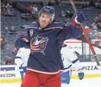  ?? ADAM CAIRNS/COLUMBUS DISPATCH ?? Blue Jackets defenseman Michael Del Zotto celebrates scoring a goal against Tampa Bay on April 8.