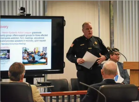  ?? PHOTOS BY JOHN BREWER — ONEIDA DAILY DISPATCH ?? Madison County Undersheri­ff John Ball discusses the measures taken by his department to address the heroin and opioid epidemic.