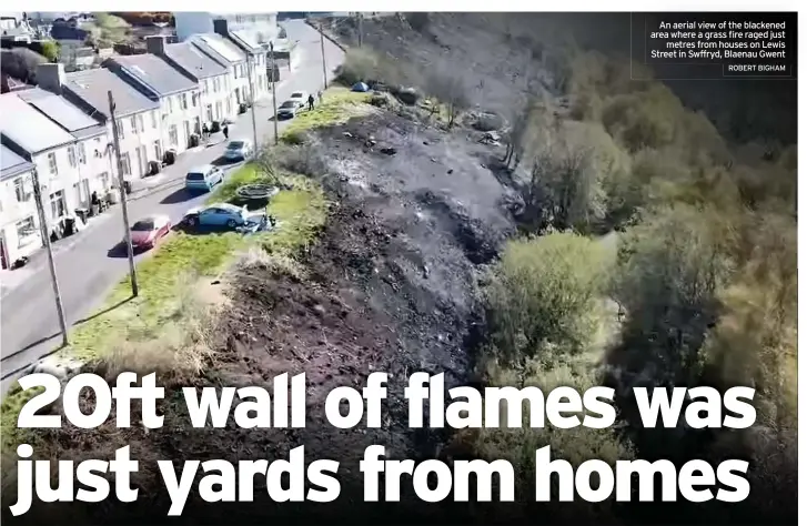  ?? ROBERT BIGHAM ?? An aerial view of the blackened area where a grass fire raged just metres from houses on Lewis Street in Swffryd, Blaenau Gwent