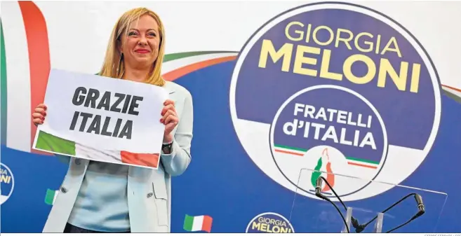  ?? ETTORE FERRARI / EFE ?? Giorgia Meloni será la primera mujer en ocupar el puesto de primer ministro en Italia.