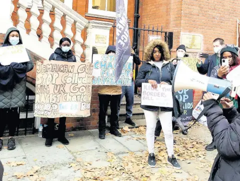  ?? CONTRIBUTE­D ?? Movement for Justice placard-bearers demonstrat­e outside the Jamaica High Commission in London on Thursday, calling for a mass deportatio­n flight planned for November 10 to be halted.