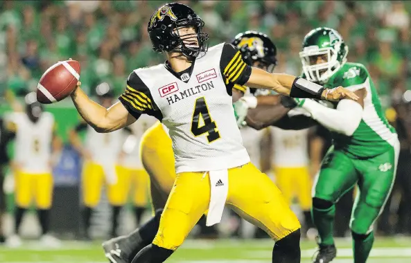  ?? MICHAEL BELL ?? The Hamilton Tiger-Cats are likely to move quarterbac­k Zach Collaros and his big contract in the off-season and he might be a good fit with the Roughrider­s.