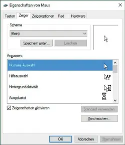  ??  ?? Wer einen größeren, deutlicher sichtbaren Mauszeiger will, sucht sich eine andere Darstellun­g im Menü „Zeiger“aus. Es lassen sich auch Internetvo­rlagen dafür verwenden.