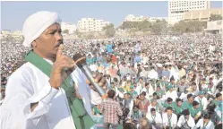  ?? — P. Surendra ?? Kumaram Soni Rao, grandson of Kumaram Bheem, addresses a public meeting held by the Adivasi Porata Samiti at Saroornaga­r on Saturday.