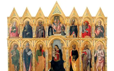  ??  ?? Sopra il polittico di Antonio e Bartolomeo Vivarini (XV secolo), sotto quello di Lorenzo Veneziano (XIV secolo). Sempre sotto, a destra, un particolar­e della Madonna in trono dell’opera dei Vivarini che dimostra la qualità del restauro