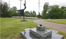  ?? Photograph: Mike Simons/AP ?? The base where the Marjorie Tallchief sculpture once stood, outside the Tulsa Historical Society, in Tulsa, Oklahoma.