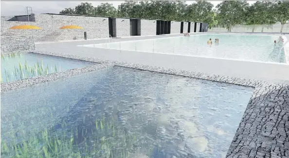  ??  ?? An artist’s rendering of the natural swim environmen­t planned for Borden Park. Architects had to go back to the drawing board after estimates for their first design came over budget. The city plans to do a “soft open” this August to iron out the kinks...