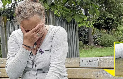  ??  ?? Lois Tolley’s aunt Lorraine Duffin at her niece’s memorial seat in Upper Hutt. Tolley was killed in an execution style murder in her Upper Hutt home in December 2016.