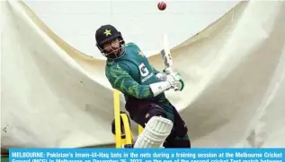  ?? — AFP ?? MELBOURNE: Pakistan’s Imam-Ul-Haq bats in the nets during a training session at the Melbourne Cricket Ground (MCG) in Melbourne on December 25, 2023, on the eve of the second cricket Test match between Australia and Pakistan.