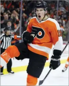  ?? CHRIS SZAGOLA — THE ASSOCIATED PRESS ?? The Flyers’ Nolan Patrick reacts to his goal during the second period Saturday.